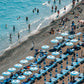 Blue and White Umbrellas in Positano, Italy