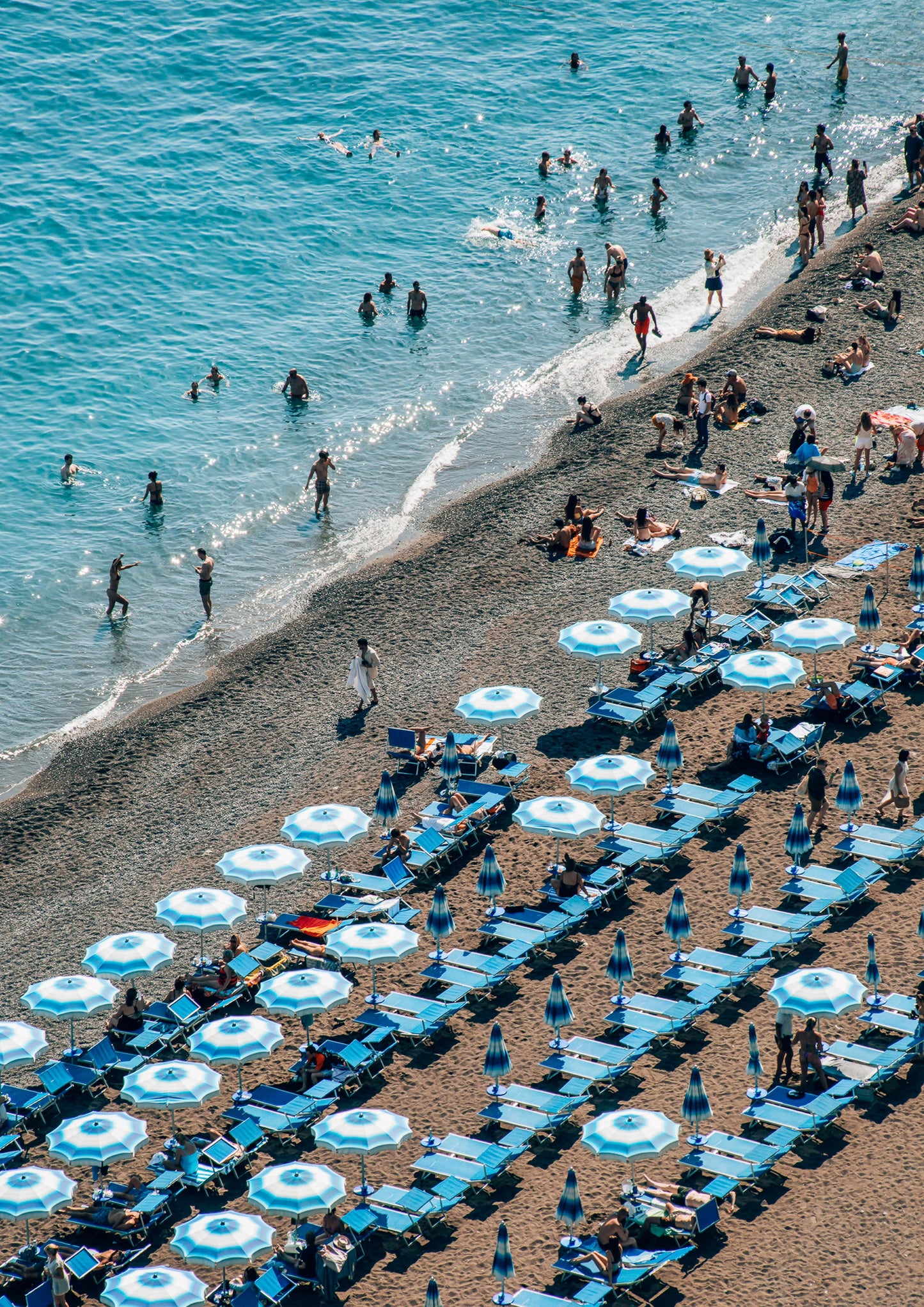 Blue and White Umbrellas in Positano, Italy