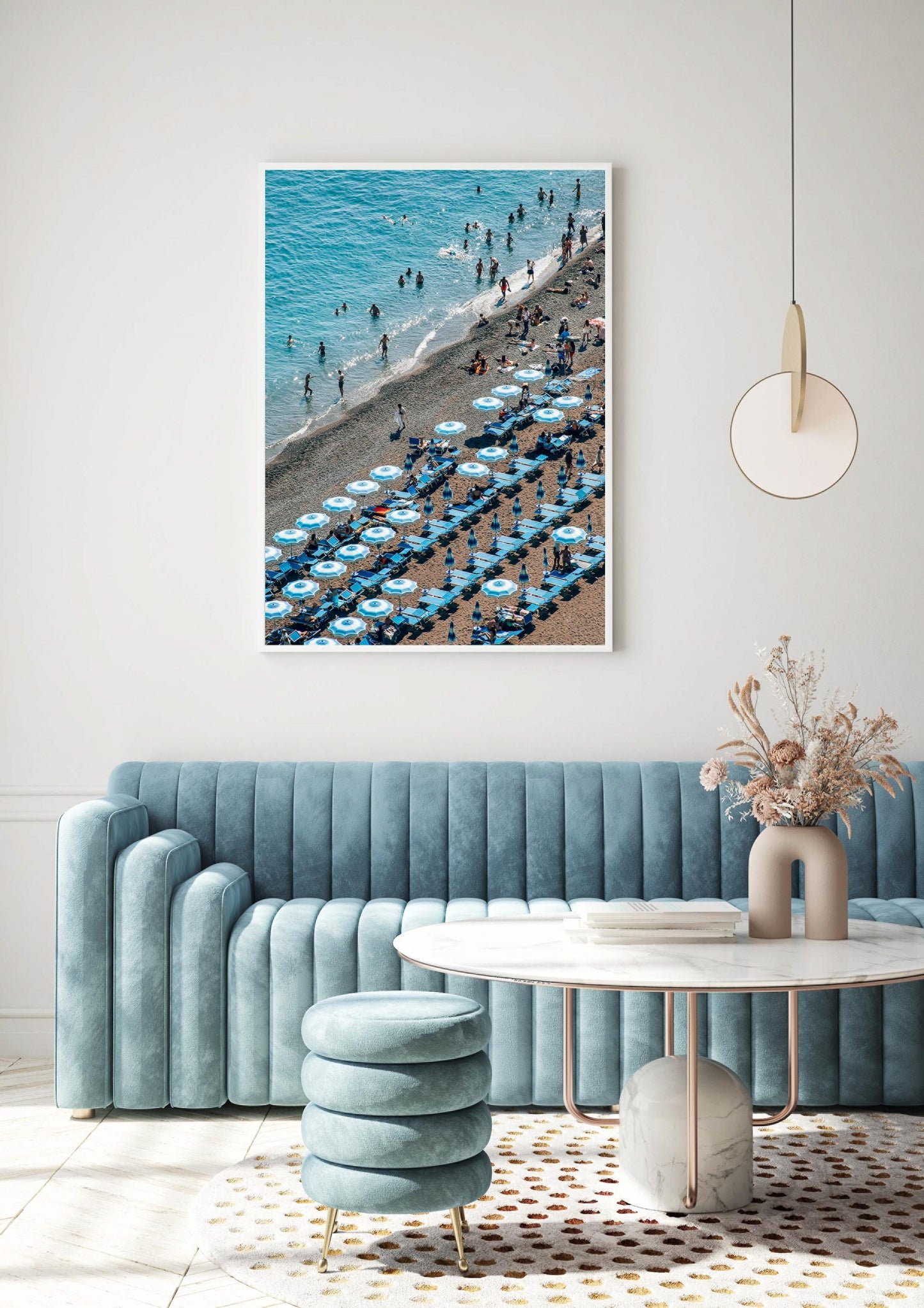 Blue and White Umbrellas in Positano, Italy